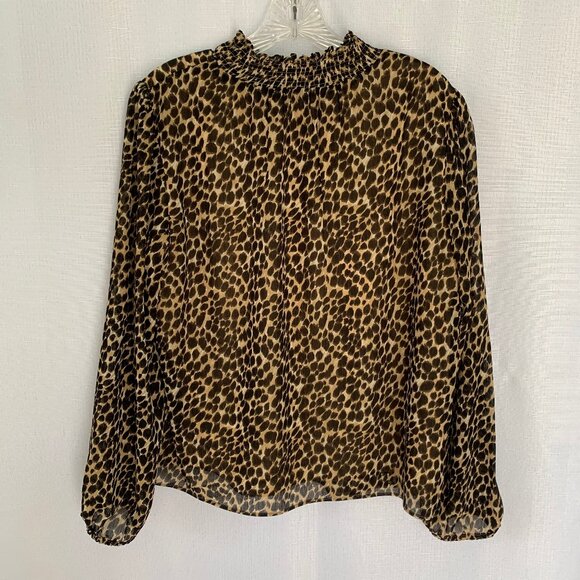 J CREW FACTORY Animal Print Smocked Neck Long Sleeve Career Blouse Top - Picture 2 of 5